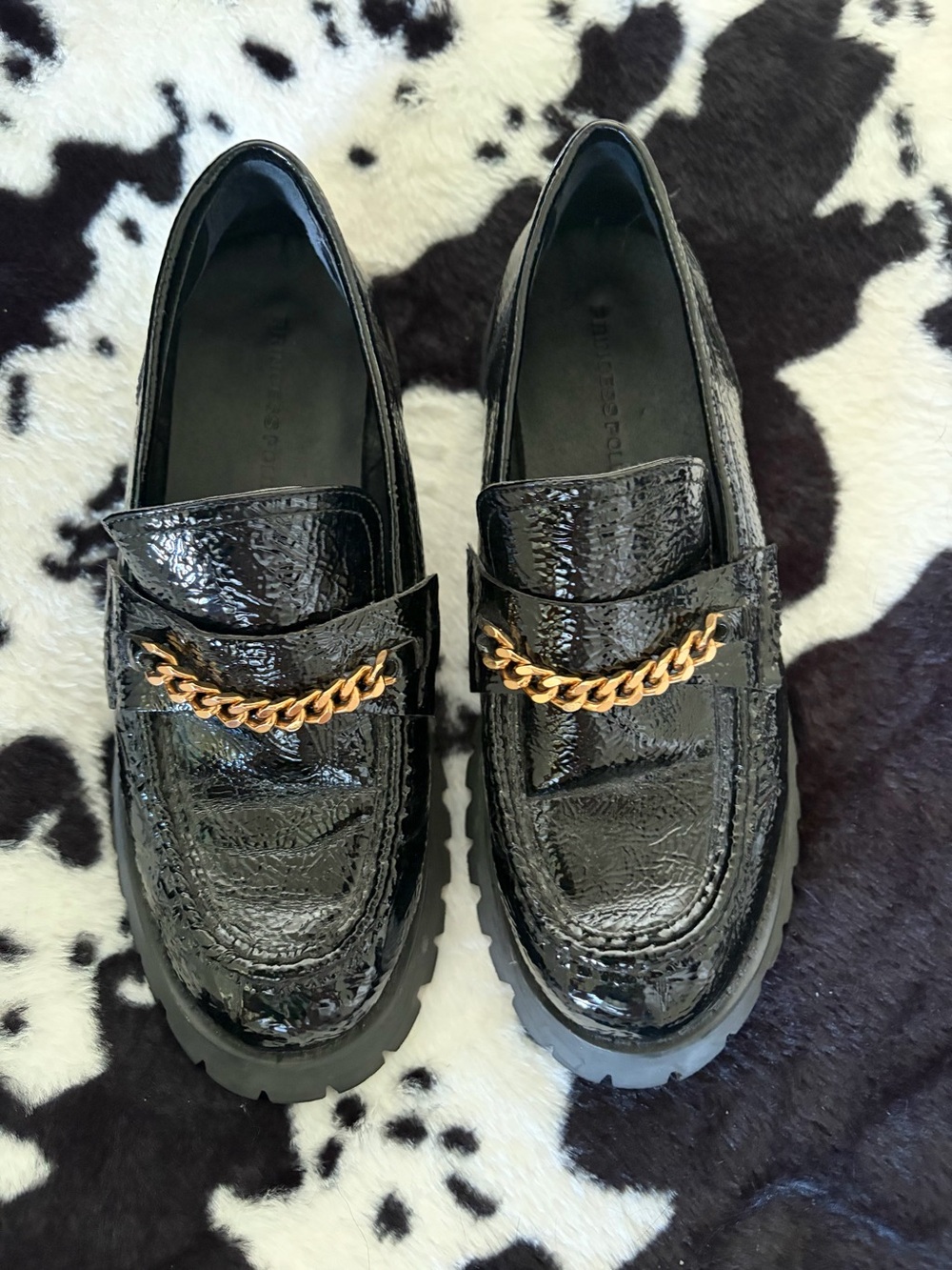 Princess Polly Black Patent Loafers with Gold Chain